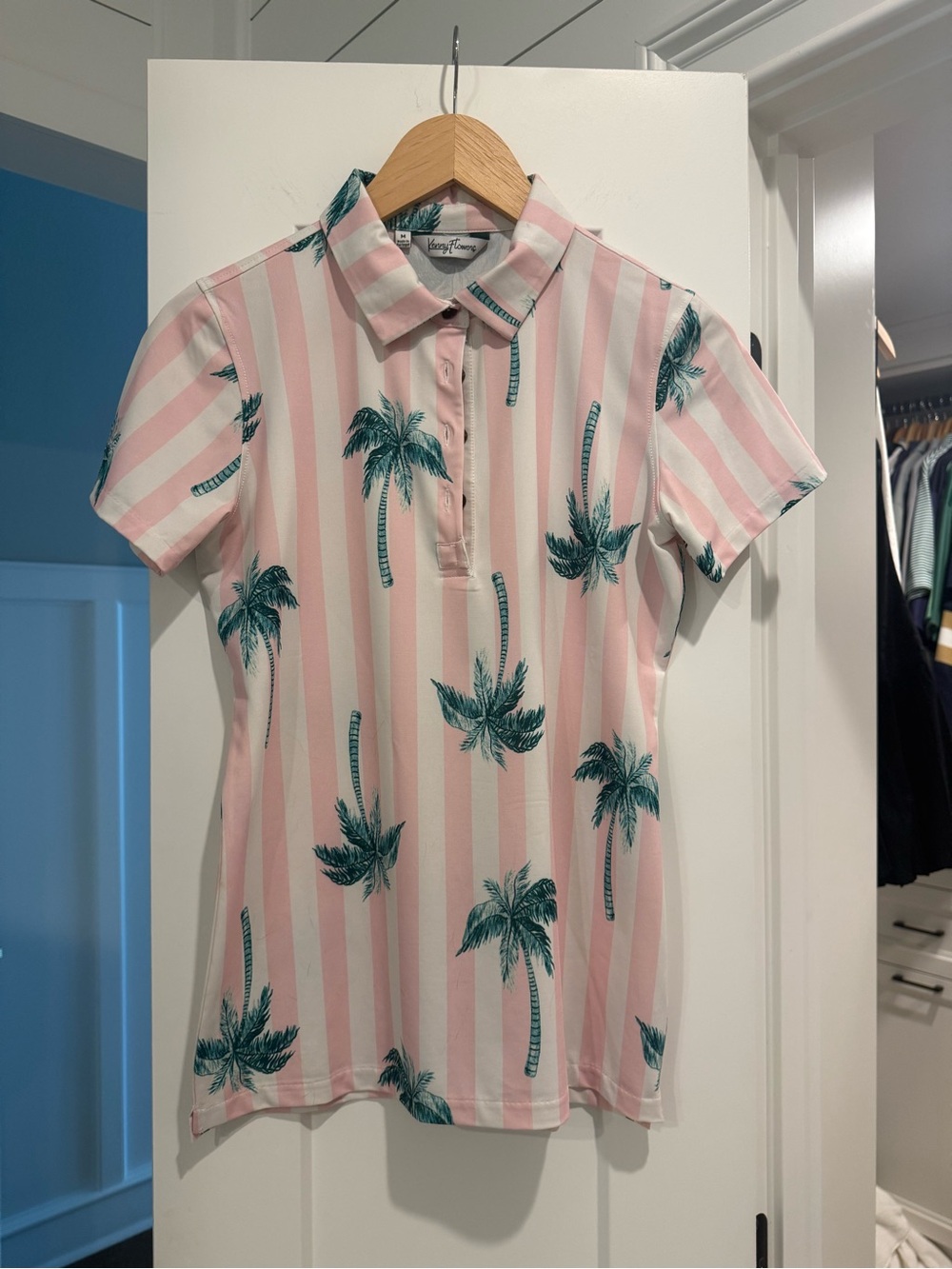 Kenny Flowers Pink and White Striped Palm Polo